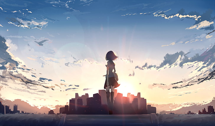 город, аниме девушки, закат, небо, облака, стоя, школьная форма, HD обои