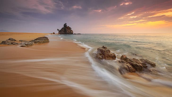 waves, beach, sea, sunset, rocks, tide, long exposure, HD wallpaper