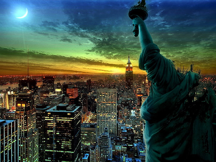 Statue Of Liberty digital wallpaper, night, lights, New York, statue, HD wallpaper