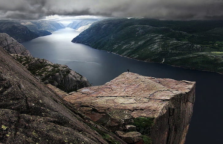 природа, пейзаж, Preikestolen, Норвегия, фиорд, планини, облаци, скала, HD тапет