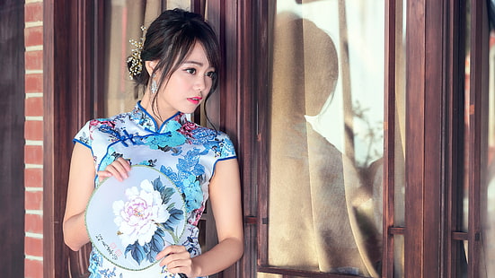 Китайская голубая девушка Cheongsam, Китайская, Синяя, Cheongsam, Девушка, HD обои HD wallpaper
