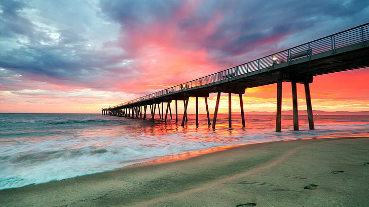 Man Made, Pier, Hermosa Beach, Horizon, Ocean, Sea, Sunset, HD wallpaper