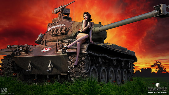 жена, седнала на резервоар дигитален тапет, поле, трева, момиче, залез, фигура, лесно, изкуство, резервоар, блясък, немски, World of Tanks, Никита Боляков, leKpz M 41 90 mm GF, немски булдог, HD тапет HD wallpaper