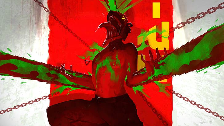 Chainsaw Man, Denji (Chainsaw Man), red skin, chainsaws, chains, tongue out, screaming, blood, HD wallpaper