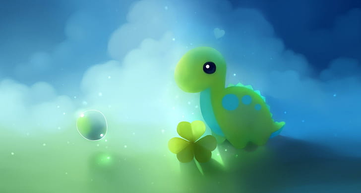 Cute Dino, clover, bubble, gems, bubbles, rock, cute, green, dinosaur, apofiss, cloud, blue, shamrock, HD wallpaper