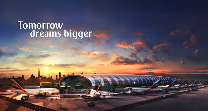 vitt flygplan, solnedgång, solen, himlen, molnen, planet, flygplatsen, byggnaden, Dubai, mycket, A380, passagerare, Airbus, terminal, flygplan, Emirates Airline, HD tapet