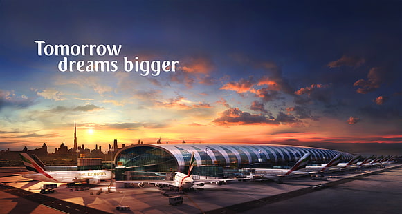 бял самолет, залез, слънце, небе, облаци, самолет, летище, сграда, Дубай, много, A380, пътник, Airbus, терминал, самолет, авиокомпания Emirates, HD тапет HD wallpaper