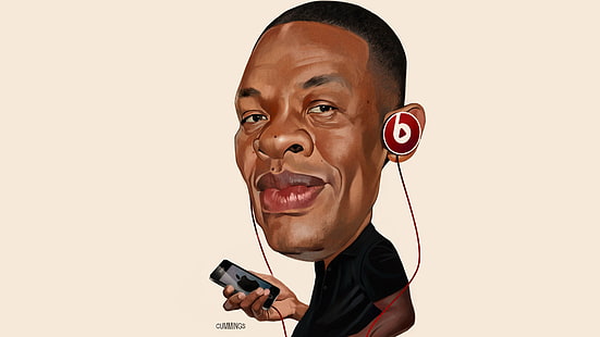 män, ansikte, Dr. Dre, karikatyr, Beats, hörlurar, iPhone, vit bakgrund, huvud, HD tapet HD wallpaper