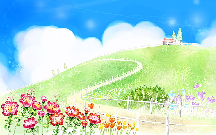green and brown house and field illustration, road, greens, summer, clouds, flowers, house, figure, the fence, hill, hut, HD wallpaper