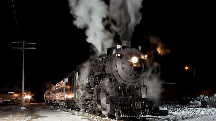 транспорт, железопътен транспорт, влак, локомотив, дим, писта, превозно средство, парна машина, пара, парен локомотив, нощ, зима, сняг, тъмнина, HD тапет