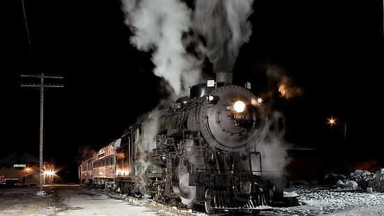 transport, rail transport, train, locomotive, smoke, track, vehicle, steam engine, steam, steam locomotive, night, winter, snow, darkness, HD wallpaper HD wallpaper