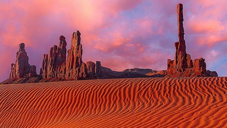 ciel, paysage, le sable, Matin, désert, nuage, formation, totem, Roche, Monument Valley, Arizona, États-Unis, butte, grès, Navajo, Fond d'écran HD