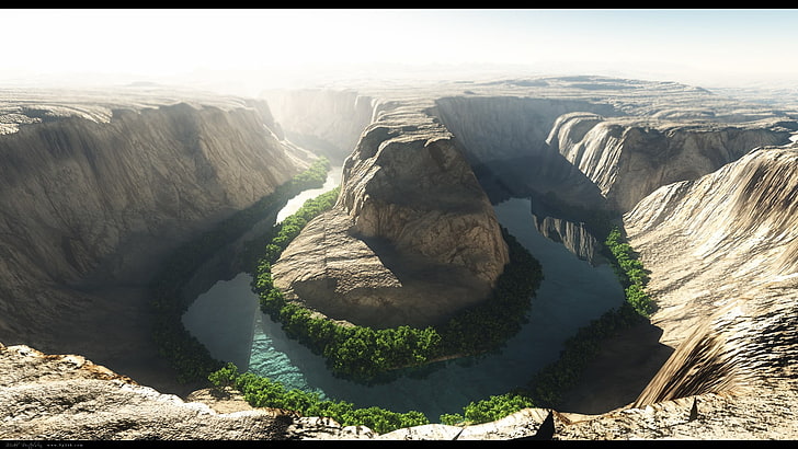 formation rocheuse brune, paysage, rivière, montagnes, grotte, courbure en fer à cheval, herbe, canyon, fleuve Colorado, roche, nature, Fond d'écran HD