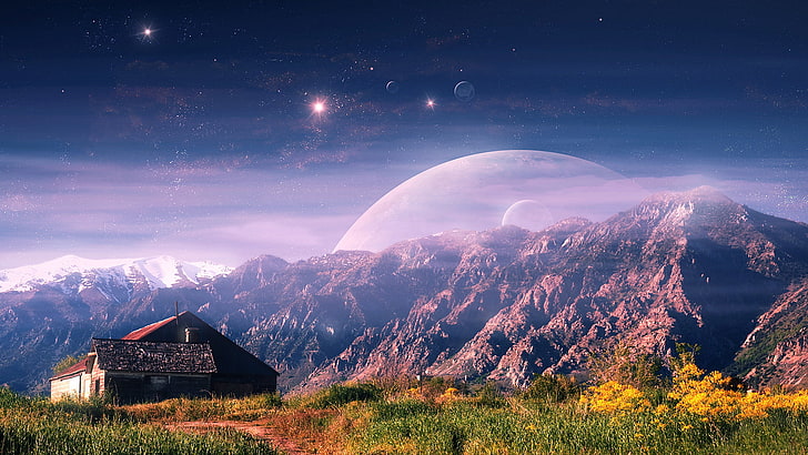 rumah, lapangan, gunung, langit, planet, lansekap, seni digital, Wallpaper HD