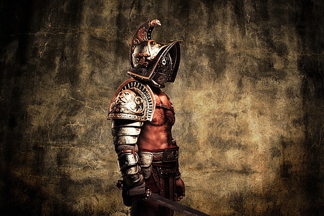 иллюстрация гладиатора, металл, стиль, доспехи, воин, шлем, мужчина, Гладиатор, плоть, Гладиус, HD обои HD wallpaper