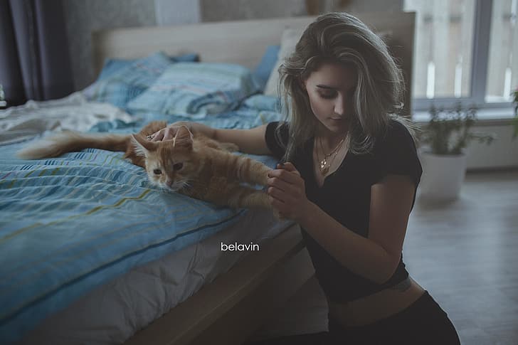 고양이, 소녀, 자세, 기분, 침대, 빨간 고양이, Belavin, Alexander Belavin, HD 배경 화면