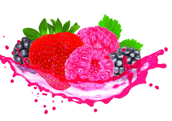 strawberry fruit illustration, berries, juice, splash, white background, blackberries, strawberries, raspberries, HD wallpaper
