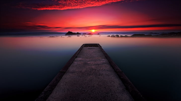 wooden dock, sunset, mist, HD wallpaper