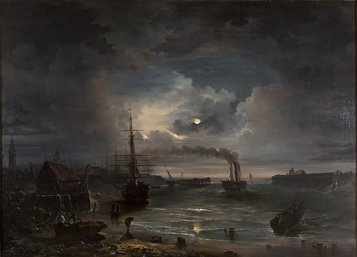 живопись, лодка, море, дым, облака, классическое искусство, луна, HD обои