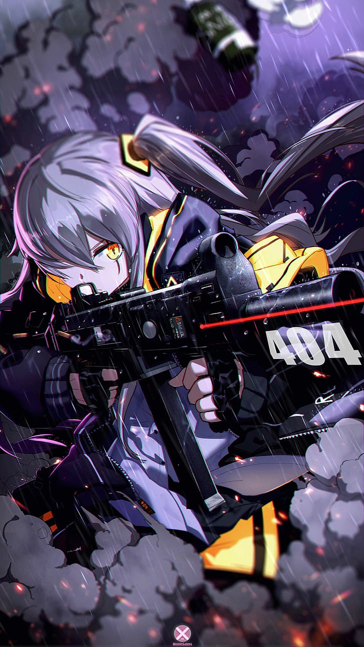 Girl With Weapon, оружие, аниме девушки, аниме, автомат, желтые глаза, HD обои, телефон обои