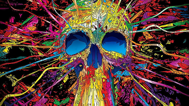 ilustrasi tengkorak warna-warni, tengkorak, karya seni, Matei Apostolescu, psikedelik, seni digital, berwarna-warni, Wallpaper HD
