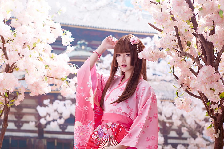look, girl, light, trees, branches, nature, face, style, portrait, spring, garden, Sakura, fan, pink, pagoda, brown hair, kimono, Asian, beauty, flowering, cutie, young, long-haired, national costume, HD wallpaper