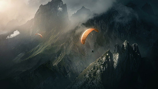 Paragliding in the mountains, orange paraglider, sports, 1920x1080, mountain, paragliding, HD wallpaper HD wallpaper