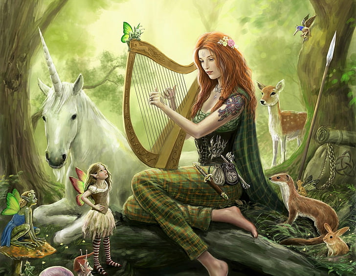 Fantasy, Women, Animal, Artistic, Fairy, Forest, Girl, Harp, Redhead, Tattoo, Unicorn, HD wallpaper
