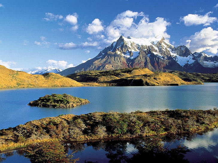 landscape, Torres del Paine, Patagonia, mountains, island, HD wallpaper