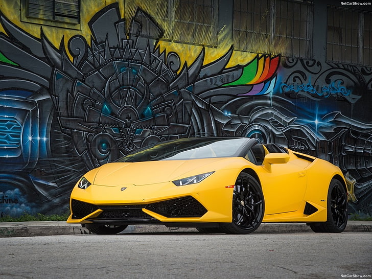 жълт Lamborghini Huracan, автомобил, суперавтомобили, Lamborghini, Lamborghini Huracan, Lamborghini Huracan LP 610-4, Spyder, HD тапет