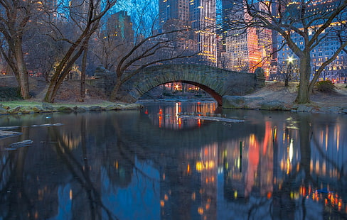 New York Central Park, New York, ไฟ, พลบค่ำ, Central Park, วอลล์เปเปอร์ HD HD wallpaper