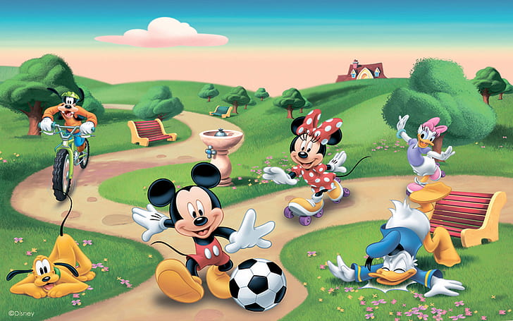 Rekreacja w parku Mickey z Donaldem grają w piłkę nożną Minnie i Daisy jeżdżą na rolkach Goofy Riding Bicycle Photo Wallpaper Hd 2560 × 1600, Tapety HD