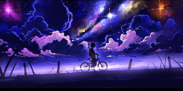 digital art, children, bikes, night, landscape, clouds, stars, illustration, painting, space, HD wallpaper