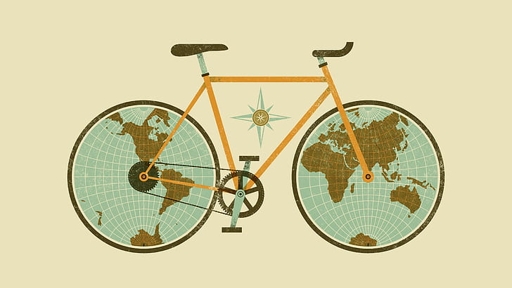 デジタルアートシンプルバックグラウンドミニマリズム自転車世界地図地球ホイール地図大陸北アメリカ南アメリカアフリカヨーロッパオーストラリアアジア南極チェーンギア、 HDデスクトップの壁紙