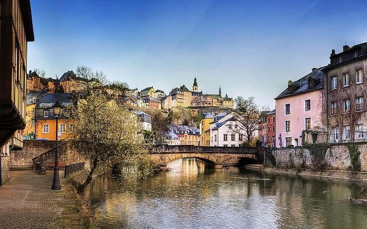 Luksemburg, rumah, jembatan, sungai, pohon, Luksemburg, Rumah, Jembatan, Sungai, Pohon, Wallpaper HD