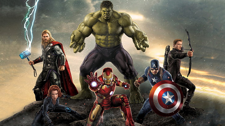 Ilustração dos Vingadores da Marvel, sem título, Quadrinhos da Marvel, Hulk, Capitão América, Homem de Ferro, Thor, Gavião Arqueiro, Viúva Negra, Scarlett Johansson, Os Vingadores, HD papel de parede