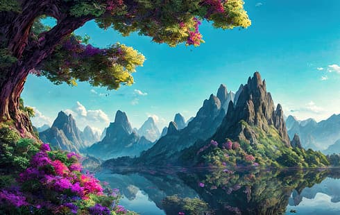 montanhas, difusão estável, flores, HD papel de parede HD wallpaper