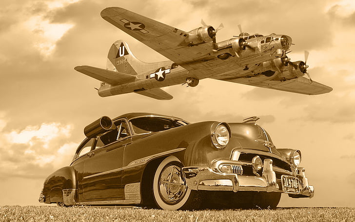 aircrafts, b17, car, chevrolet, classic, clouds, flight, fly, lowrider, military, monochrome, plane, sepia, sky, HD wallpaper