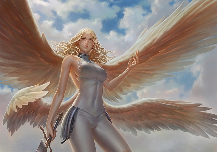 anioł trzymający miecz postać z gry, teresa, sztuka cyfrowa, Claymore (anime), skrzydła, miecz, dziewczyna fantasy, wojownik, Tapety HD