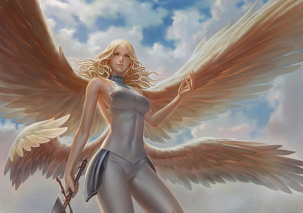 anjo segurando o personagem do jogo da espada, arte digital, Claymore (anime), asas, espada, menina de fantasia, guerreiro, HD papel de parede HD wallpaper