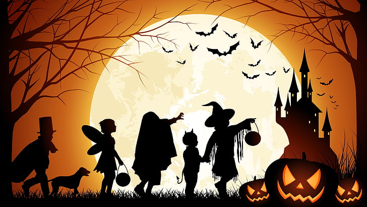 halloween, silhouette, bats, moon, full moon, children, kids, night, all saints eve, HD wallpaper