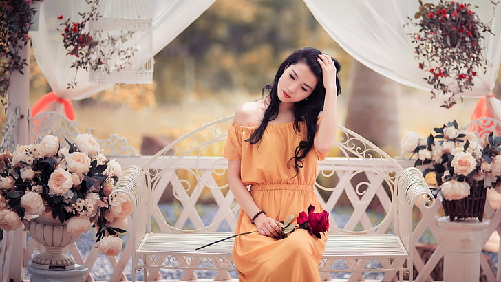 women, Asian, sitting, bench, black hair, strapless dress, long hair, rose, flowers, HD wallpaper