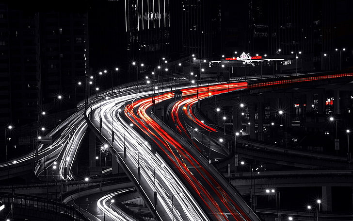 道路、黒、赤、白、長時間露光で移動する車両のタイムラプス撮影、 HDデスクトップの壁紙