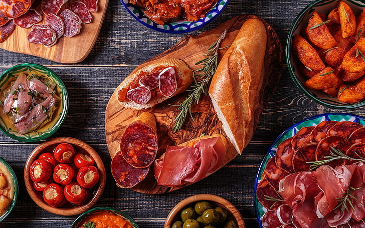 bread and sliced meats, bread, meat, vegetables, fish, food, HD wallpaper