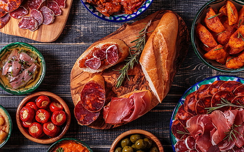 bread and sliced meats, bread, meat, vegetables, fish, food, HD wallpaper HD wallpaper