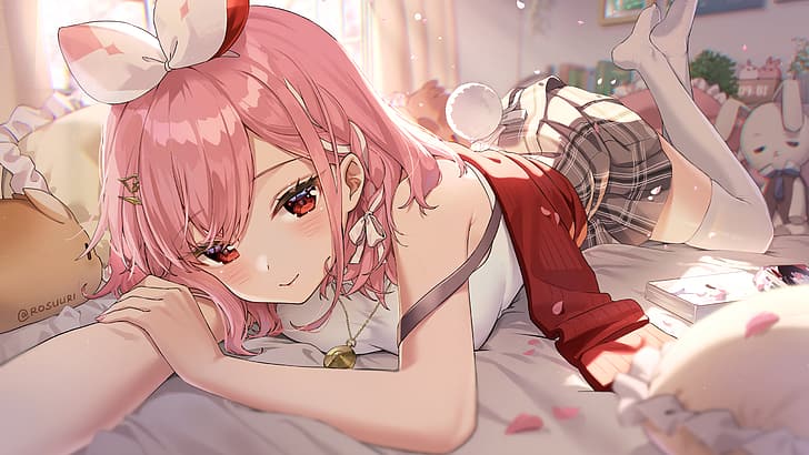 anime, anime girls, artwork, Chill Out, pink hair, skirt, stuffed animal, looking at viewer, HD wallpaper