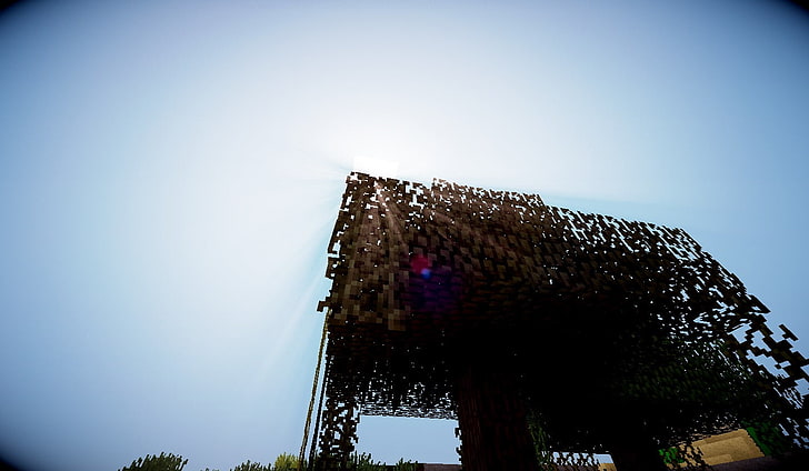 brown metal structure, Minecraft, shaders, Sun, HD wallpaper