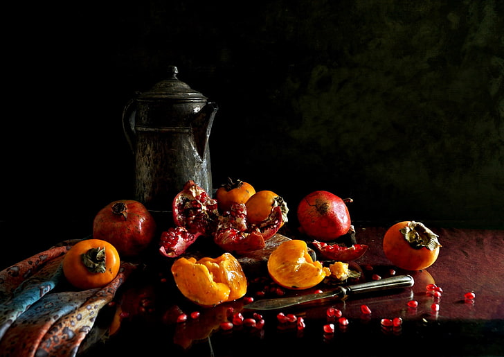 food, still life, pomegranate, table knife, HD wallpaper