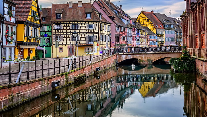 cityscape, reflected, cottage, little venice, colmar, france, alsace, bridge, street, waterway, channel, river, city, town, reflection, body of water, water, canal, HD wallpaper