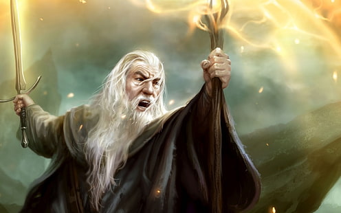 uomo che tiene la spada e il bastone sfondo, Il Signore degli Anelli, Gandalf, Guardiani della Terra di Mezzo, mago, Sfondo HD HD wallpaper